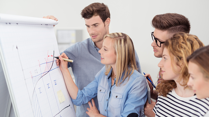 Fünf Studierende stehen vor einer Flipchart und arbeiten gemeinsam an einem Diagramm.