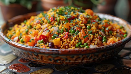 Gemüse-Paella in einem Tontopf angerichtet