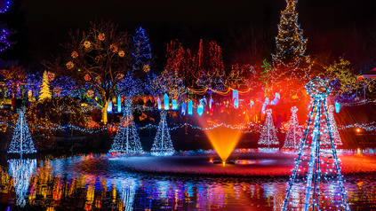 Blick über See und Bäume mit Weihnachtsbeleuchtung, Lichterketten und geschmückten Tannen.